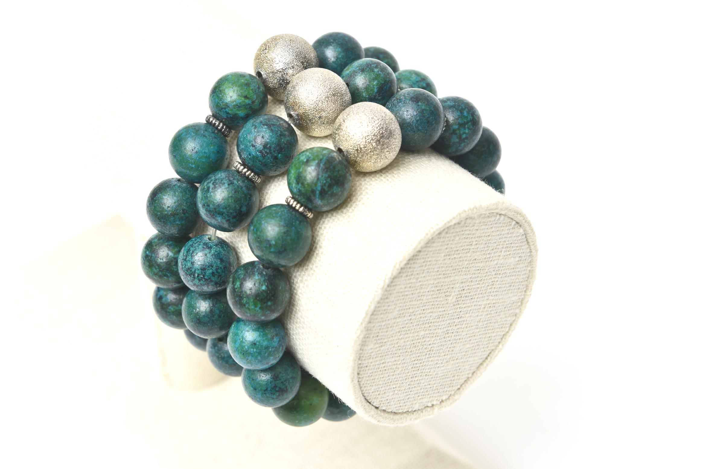 Custom Made Jeweler Turquoise Beaded and Silver Ball Bracelets Trio Of Three For Sale 2