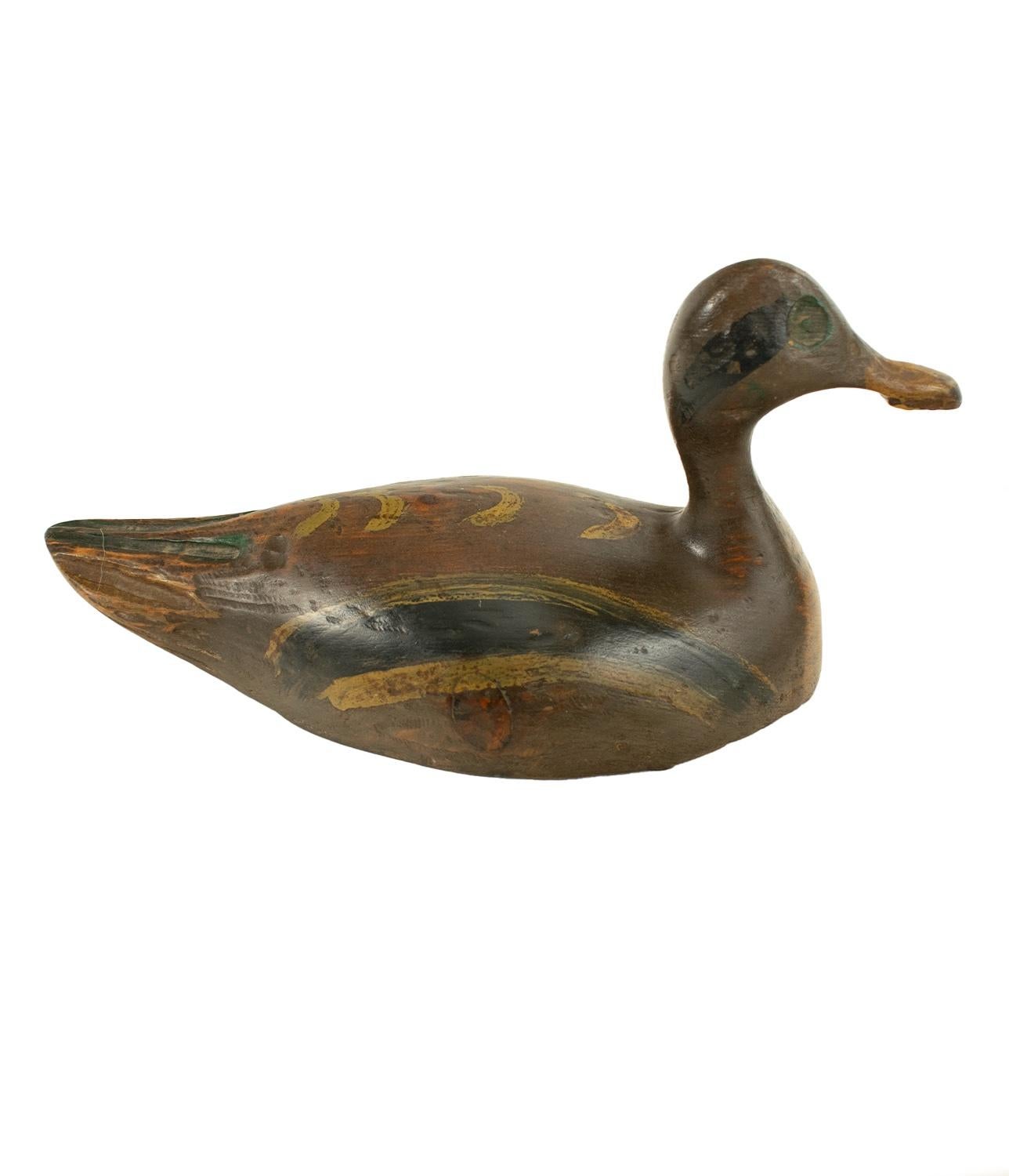 French Trio of two Ducks and a Curlew - ancient wood carved and painted decoys For Sale