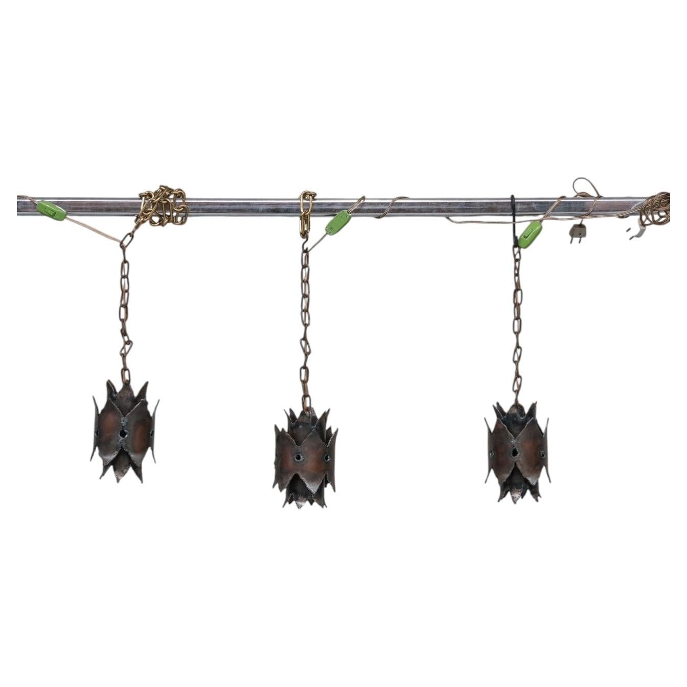 Trio of Unusual Brutalist Late 20th Swedish Pendant Lights For Sale