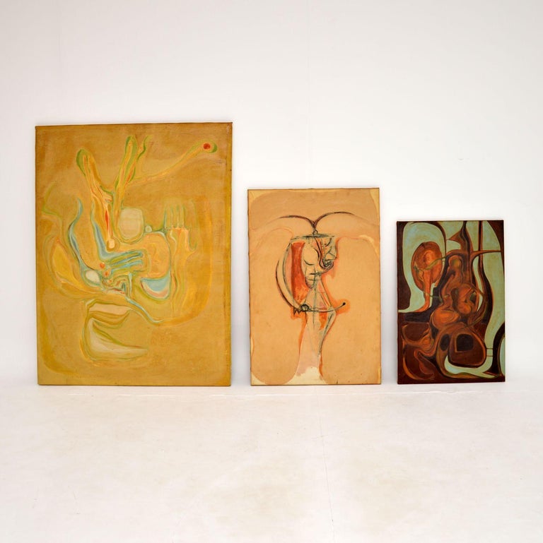 An amazing set of three vintage abstract oil paintings. They date from around the 1960’s, and were most likely painted by a British artist. We obtained them privately from a single owner.

These are beautifully executed and make a very impressive
