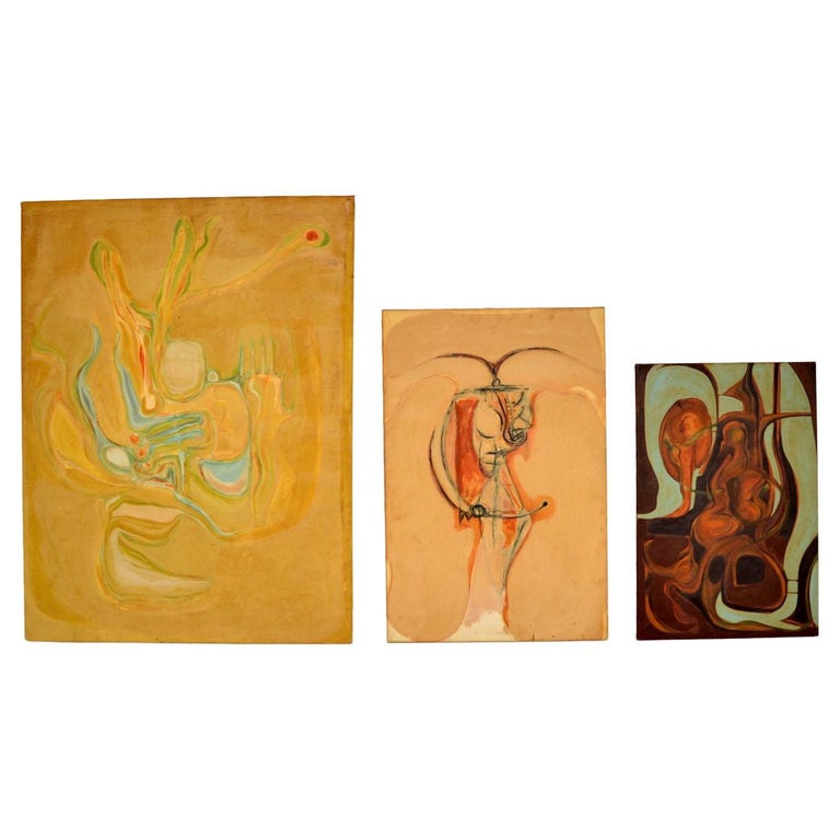 Trio of Vintage 1960's Abstract Oil Paintings For Sale