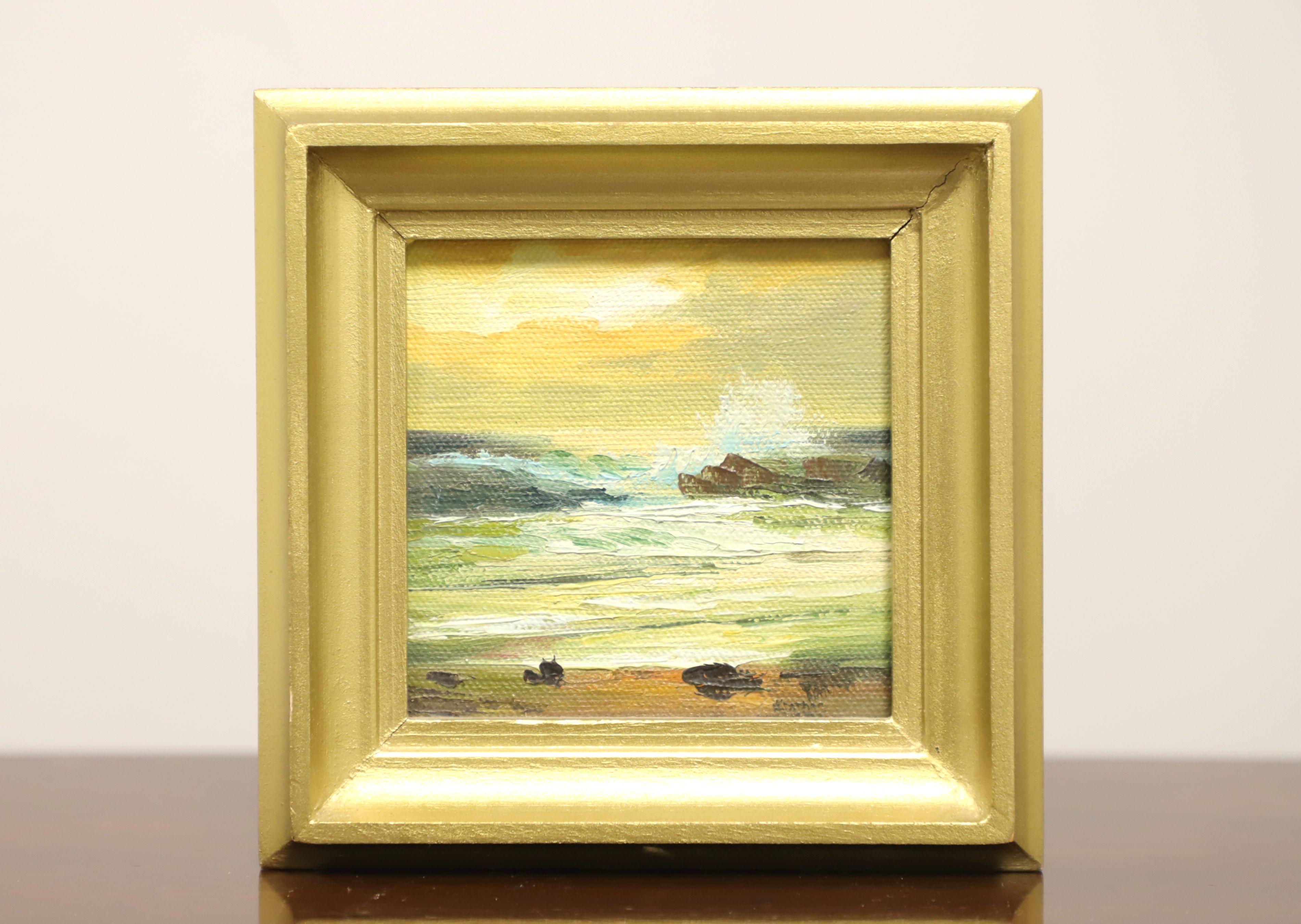 A trio of original oil paintings on canvas, from the 20th century. Untitled, (Landscapes). Unsigned, artist unknown. Presented in gold painted frames with clip hanger.

Measures: 5.5 W 1.25 D 5.5 H (Each), Weighs approximately: 1 lb