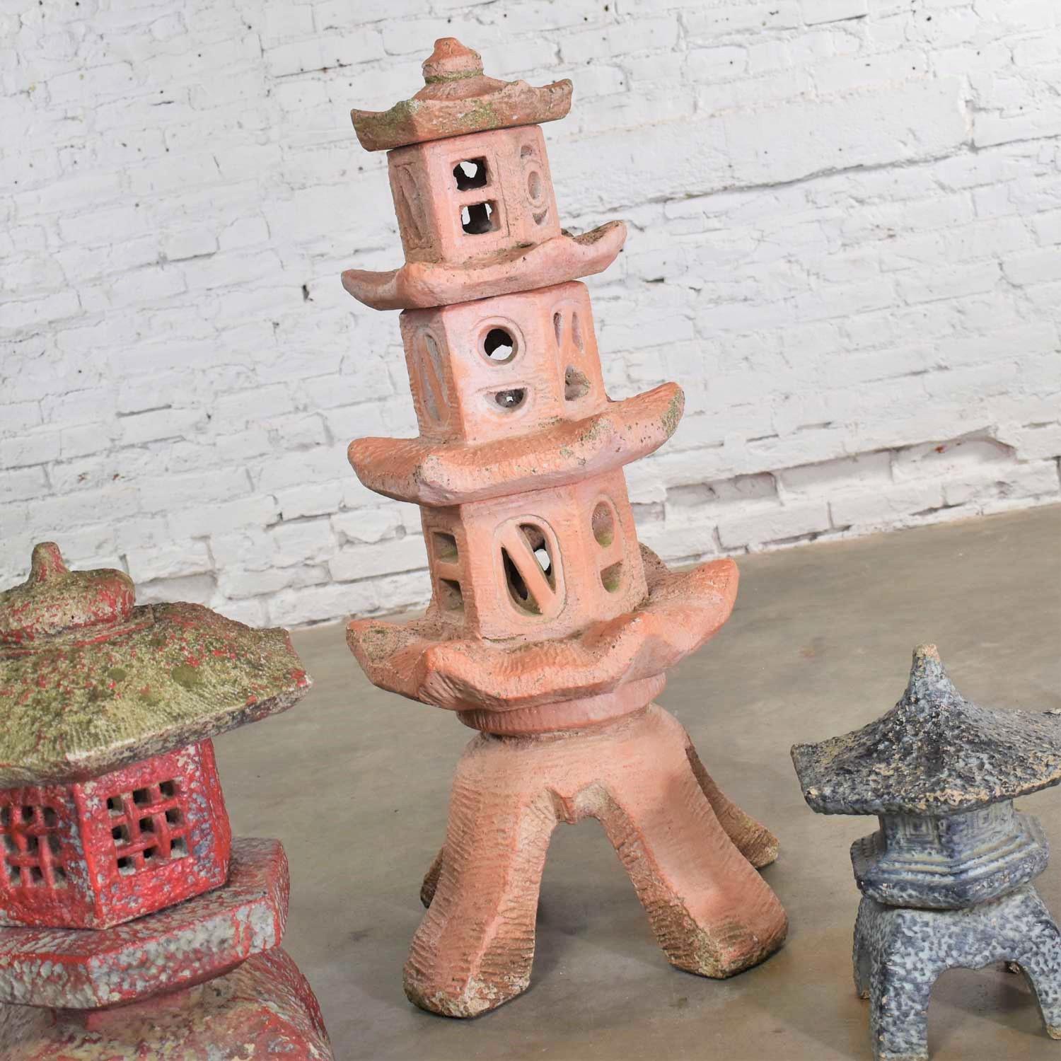 Trio of Vintage Concrete Japanese Pagoda Garden Ornaments Three Heights 2