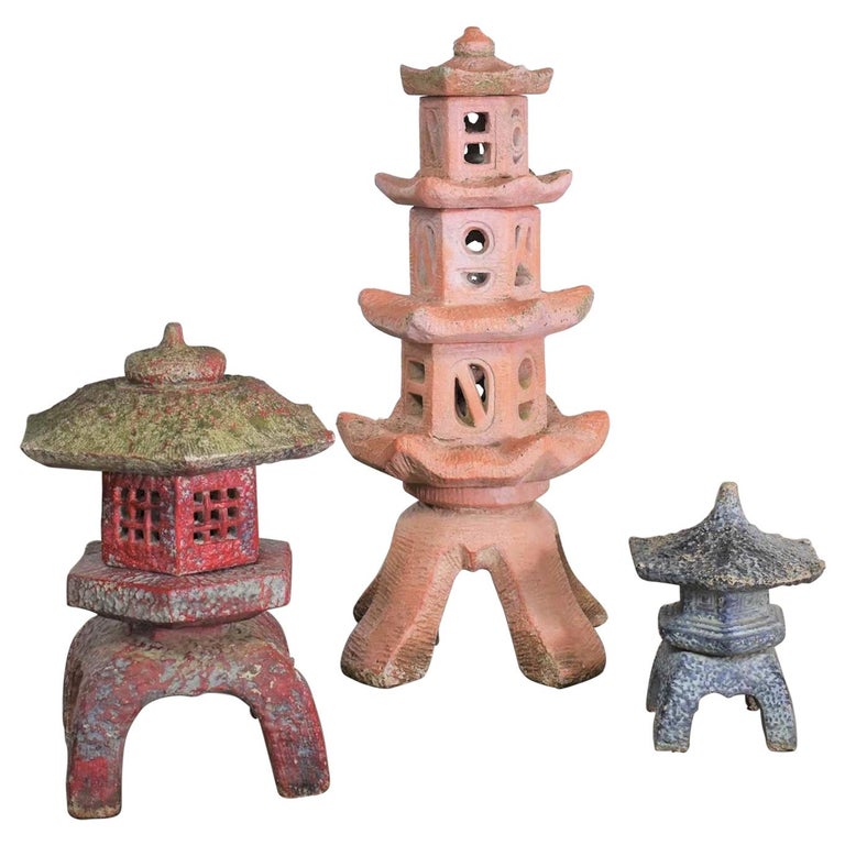 Trio of Vintage Concrete Japanese Pagoda Garden Ornaments Three Heights