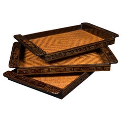 Trio of Retro Dinner Trays, Japanese Lacquer Serving Platter, Bamboo, Art Deco