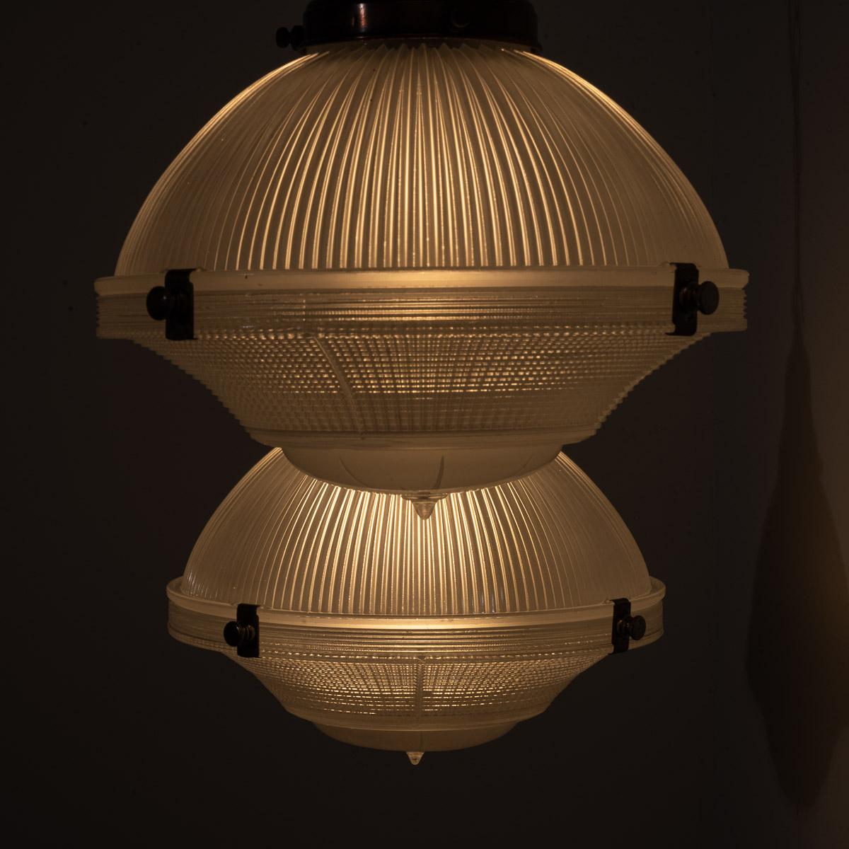 Trio of Vintage Holophane Three Part Pendant Lights with Coppered Fittings For Sale 3