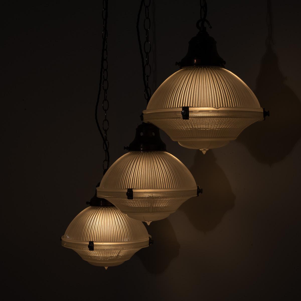 Trio of Vintage Holophane Three Part Pendant Lights with Coppered Fittings For Sale 4