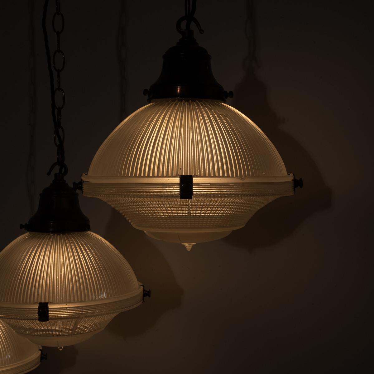 Trio of Vintage Holophane Three Part Pendant Lights with Coppered Fittings For Sale 8