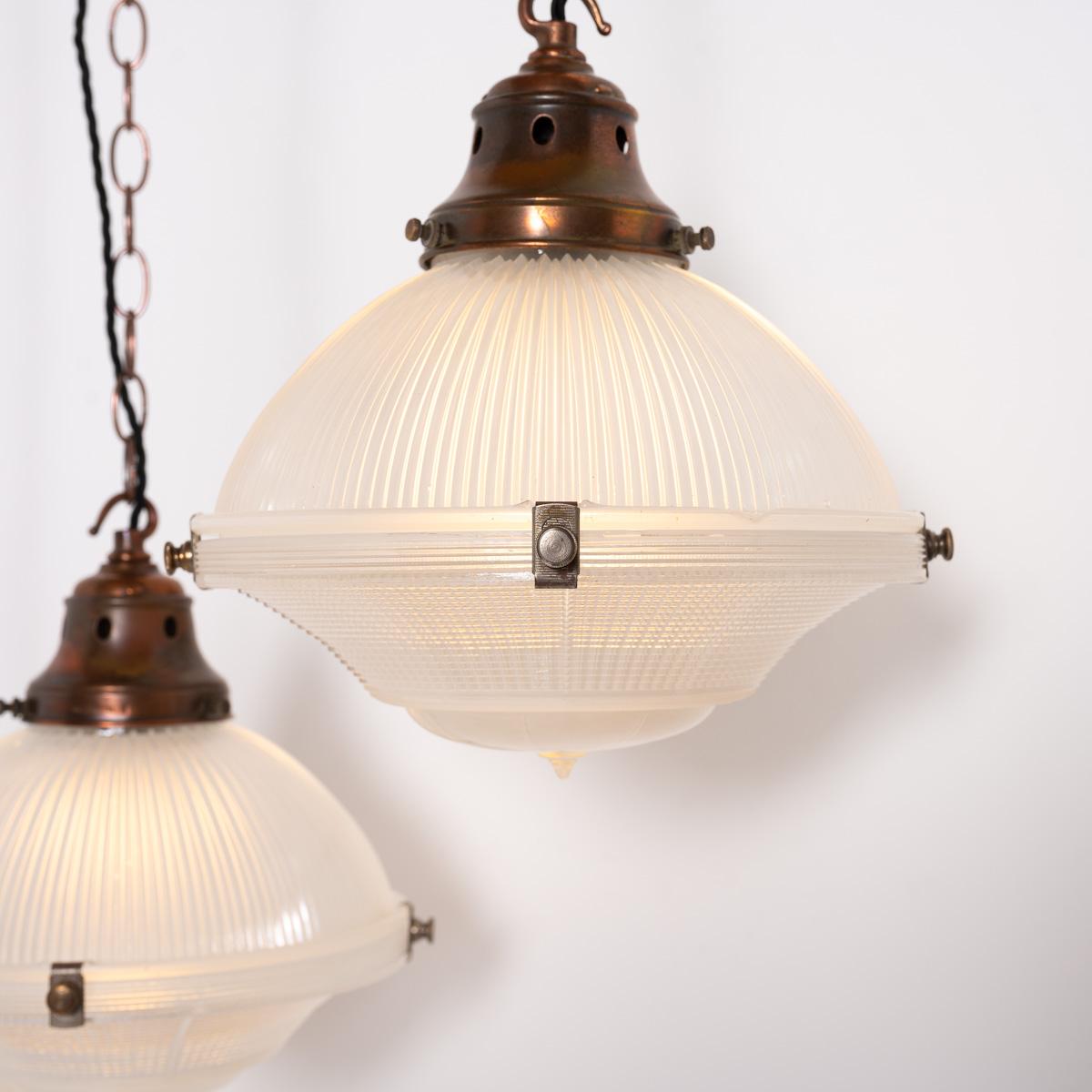 Trio of Vintage Holophane Three Part Pendant Lights with Coppered Fittings For Sale 9