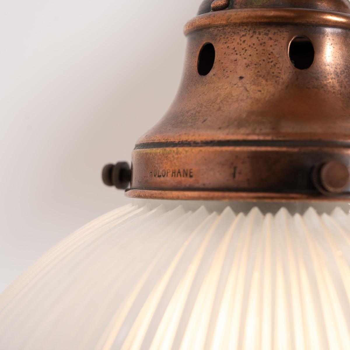 Trio of Vintage Holophane Three Part Pendant Lights with Coppered Fittings For Sale 10