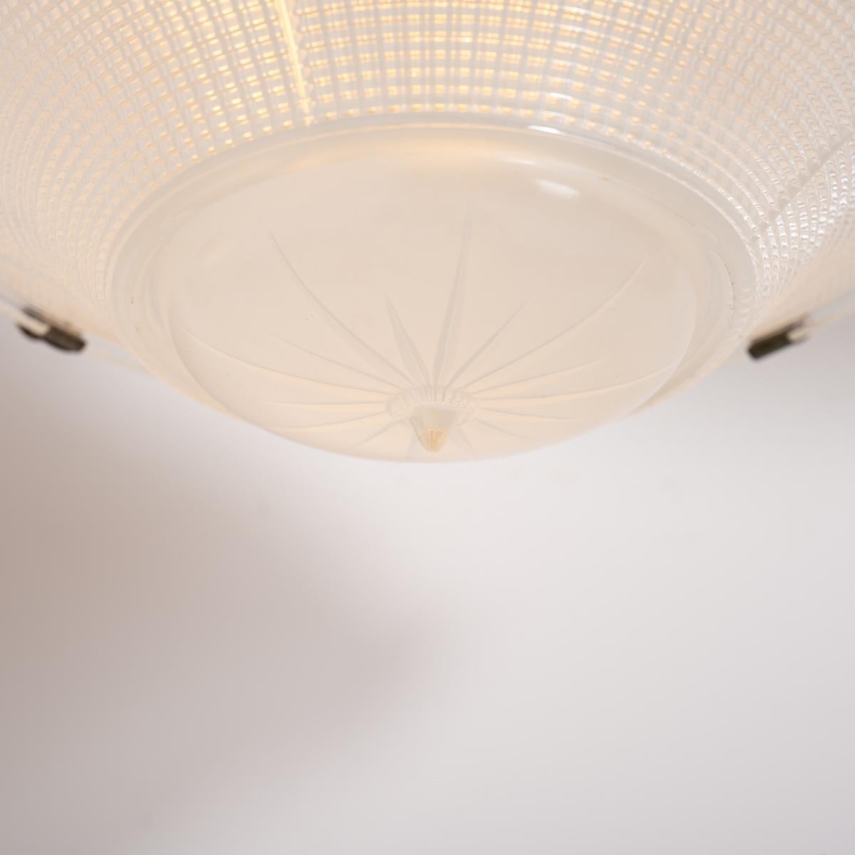 Trio of Vintage Holophane Three Part Pendant Lights with Coppered Fittings For Sale 12