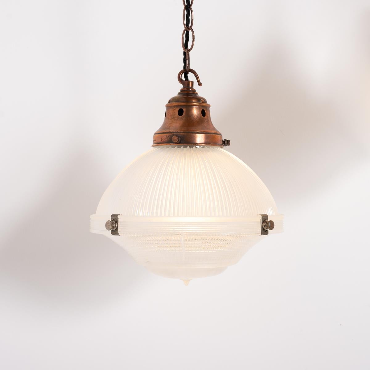 Trio of Vintage Holophane Three Part Pendant Lights with Coppered Fittings For Sale 13
