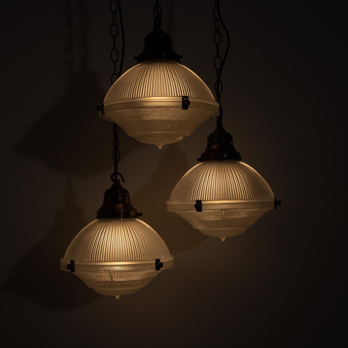 Art Nouveau Trio of Vintage Holophane Three Part Pendant Lights with Coppered Fittings For Sale