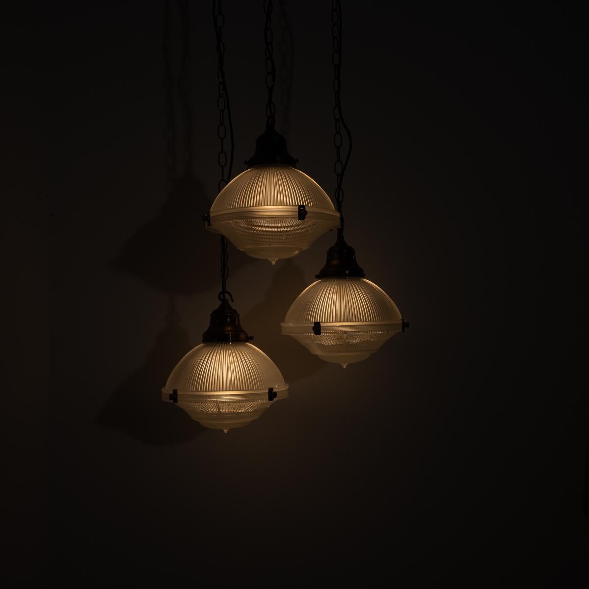 British Trio of Vintage Holophane Three Part Pendant Lights with Coppered Fittings For Sale