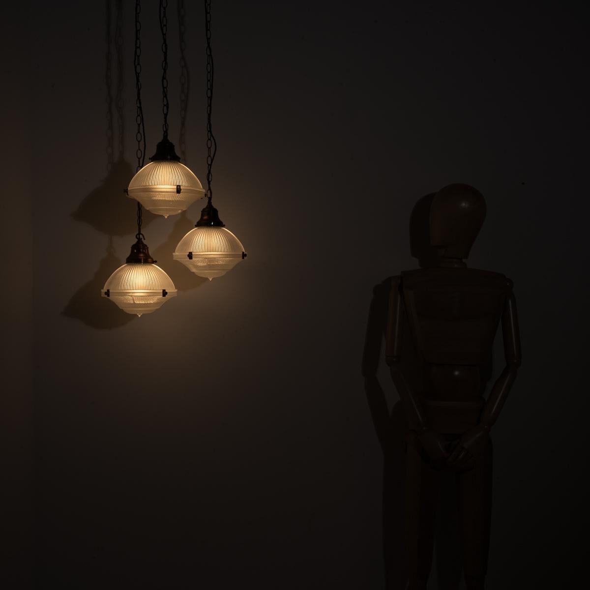 Trio of Vintage Holophane Three Part Pendant Lights with Coppered Fittings In Good Condition For Sale In Nottingham, GB