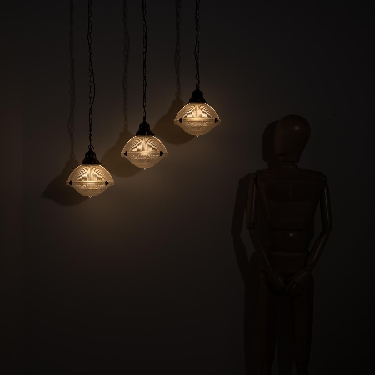 Brass Trio of Vintage Holophane Three Part Pendant Lights with Coppered Fittings For Sale