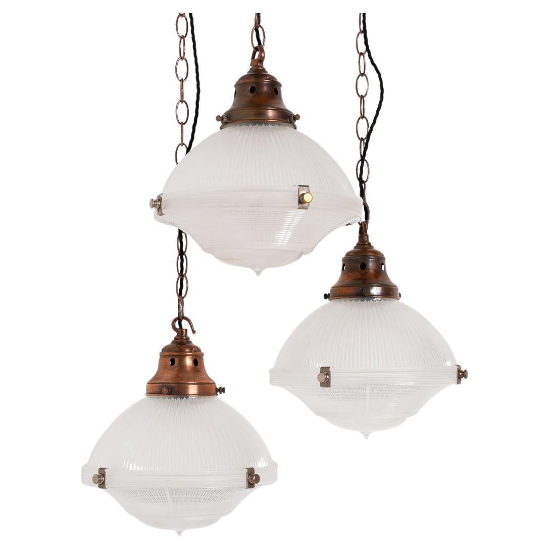 Trio of Vintage Holophane Three Part Pendant Lights with Coppered Fittings