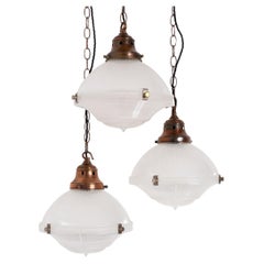 Trio of Vintage Holophane Three Part Pendant Lights with Coppered Fittings