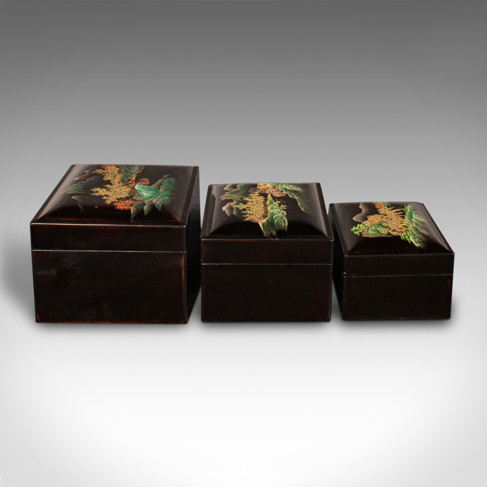 20th Century Trio Of Vintage Nesting Boxes, Japanese, Lacquered, Storage Box, Art Deco, 1940 For Sale