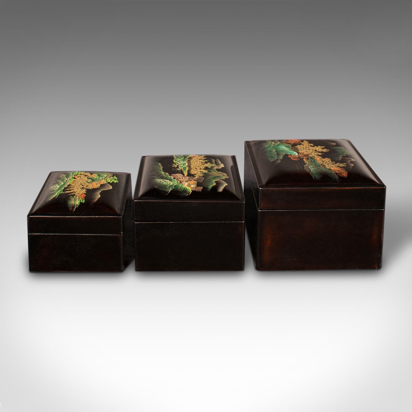 20th Century Trio Of Vintage Nesting Boxes, Japanese, Lacquered, Storage Box, Art Deco, 1940 For Sale