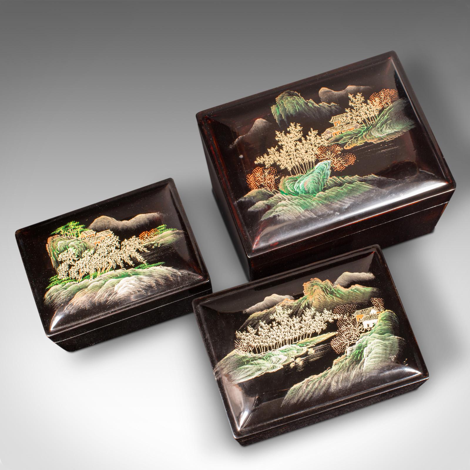 Trio Of Vintage Nesting Boxes, Japanese, Lacquered, Storage Box, Art Deco, 1940 For Sale 1