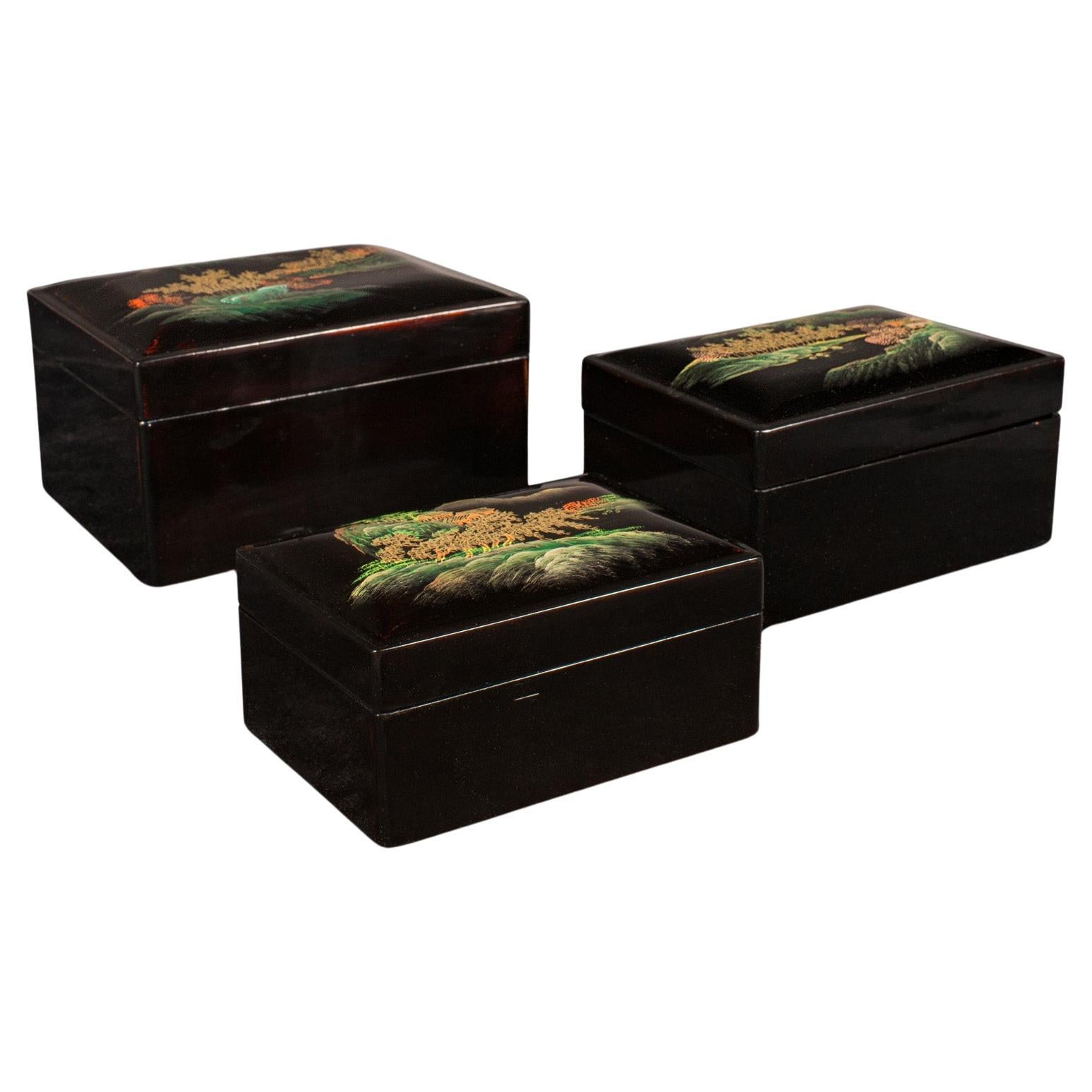 Trio Of Vintage Nesting Boxes, Japanese, Lacquered, Storage Box, Art Deco, 1940 For Sale