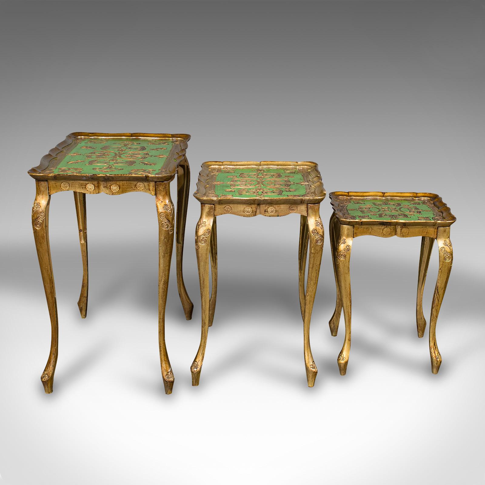 20th Century Trio of Vintage Nesting Tables, Italian, Gilt Composite, Side Table, Circa 1970 For Sale