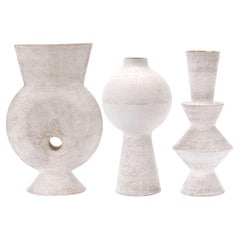 Trio Of White Crackled Finish Handbuilt Stoneware Vases, Humble Matter