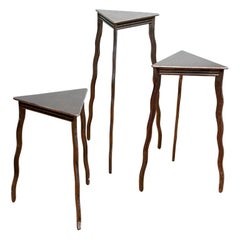 Trio of Will Stone Steel Triangle Tables or Pedestals