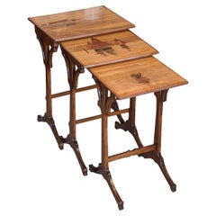 Trio of Wonderful Inlaid Art Nouveau Emile Galle Coffee Tables, Various Woods