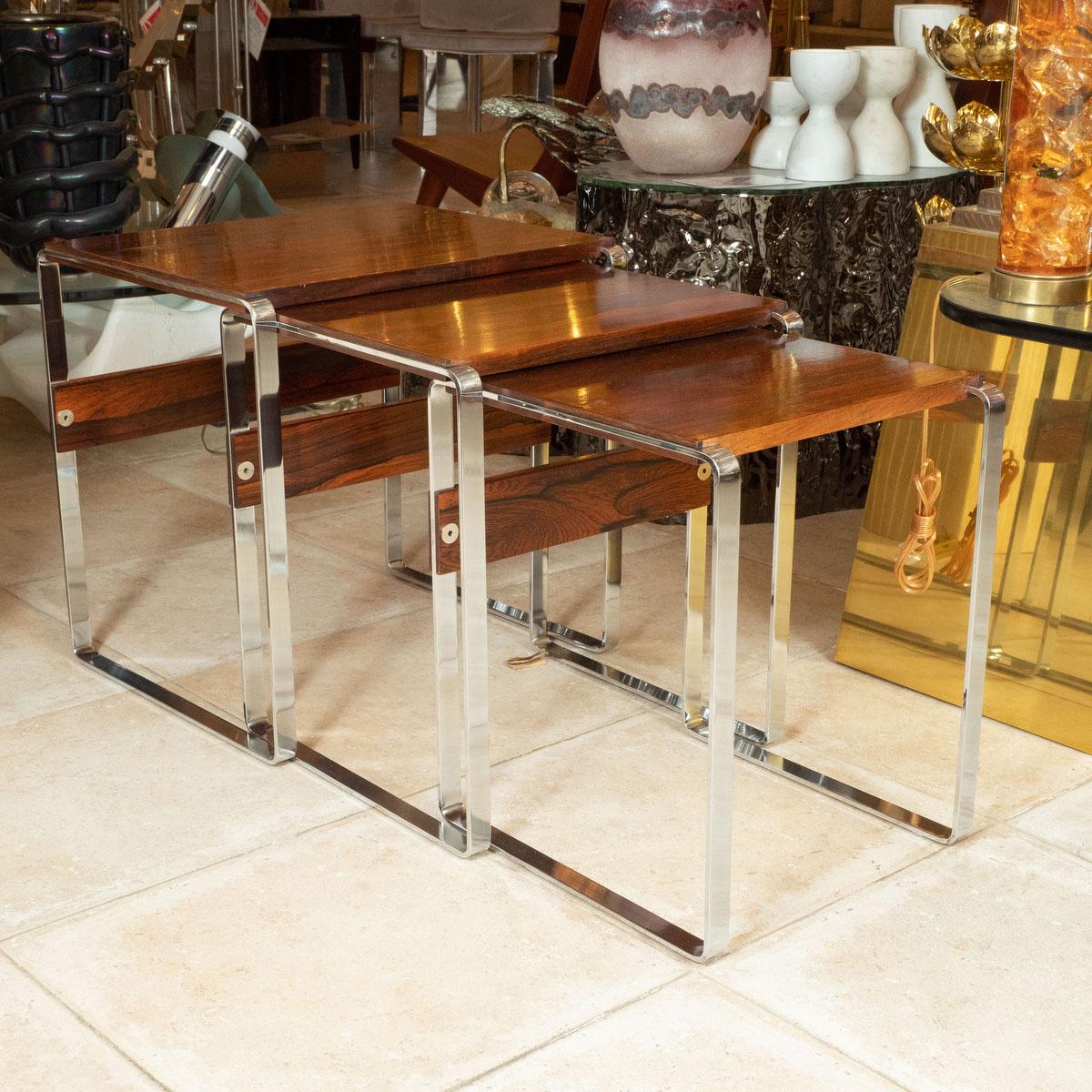 Mid-Century Modern Trio of wood and nickel nesting tables For Sale