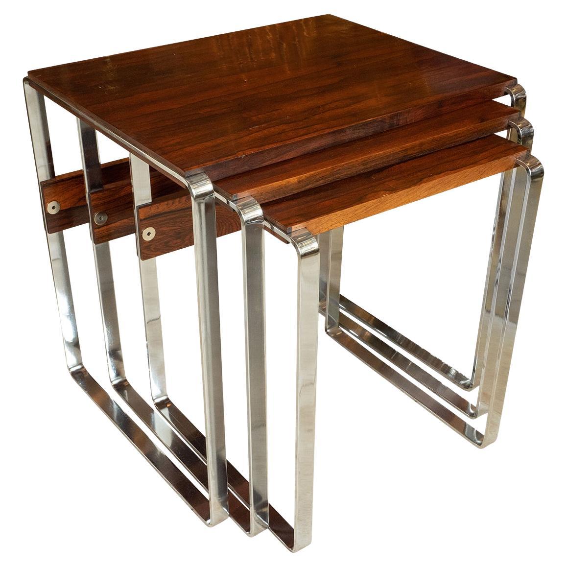 Trio of wood and nickel nesting tables For Sale