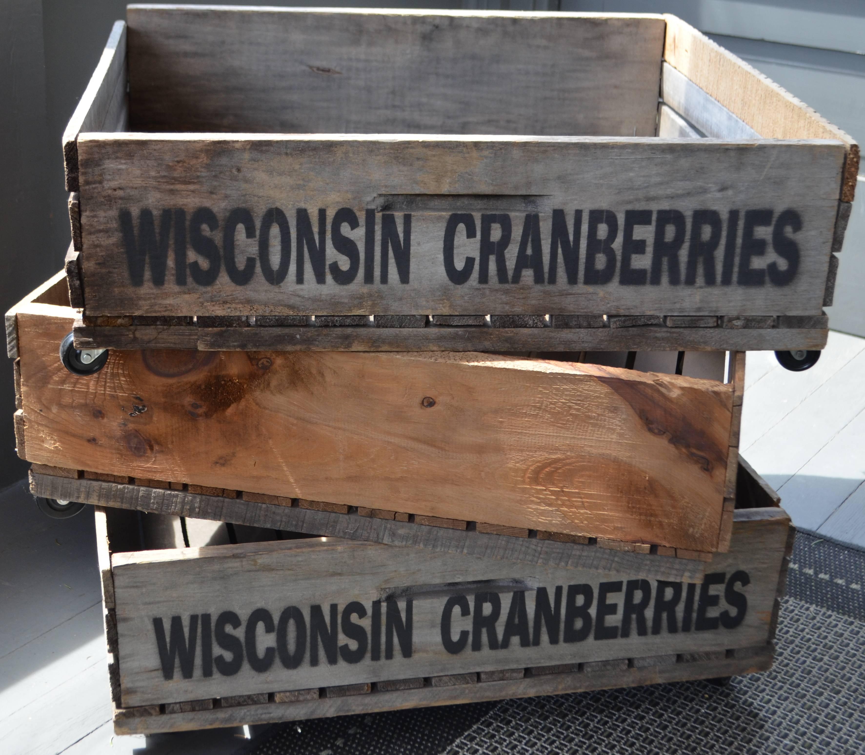 Trio of Wood Wisconsin Cranberry Storage Planter Wheeled Crates For Sale 9