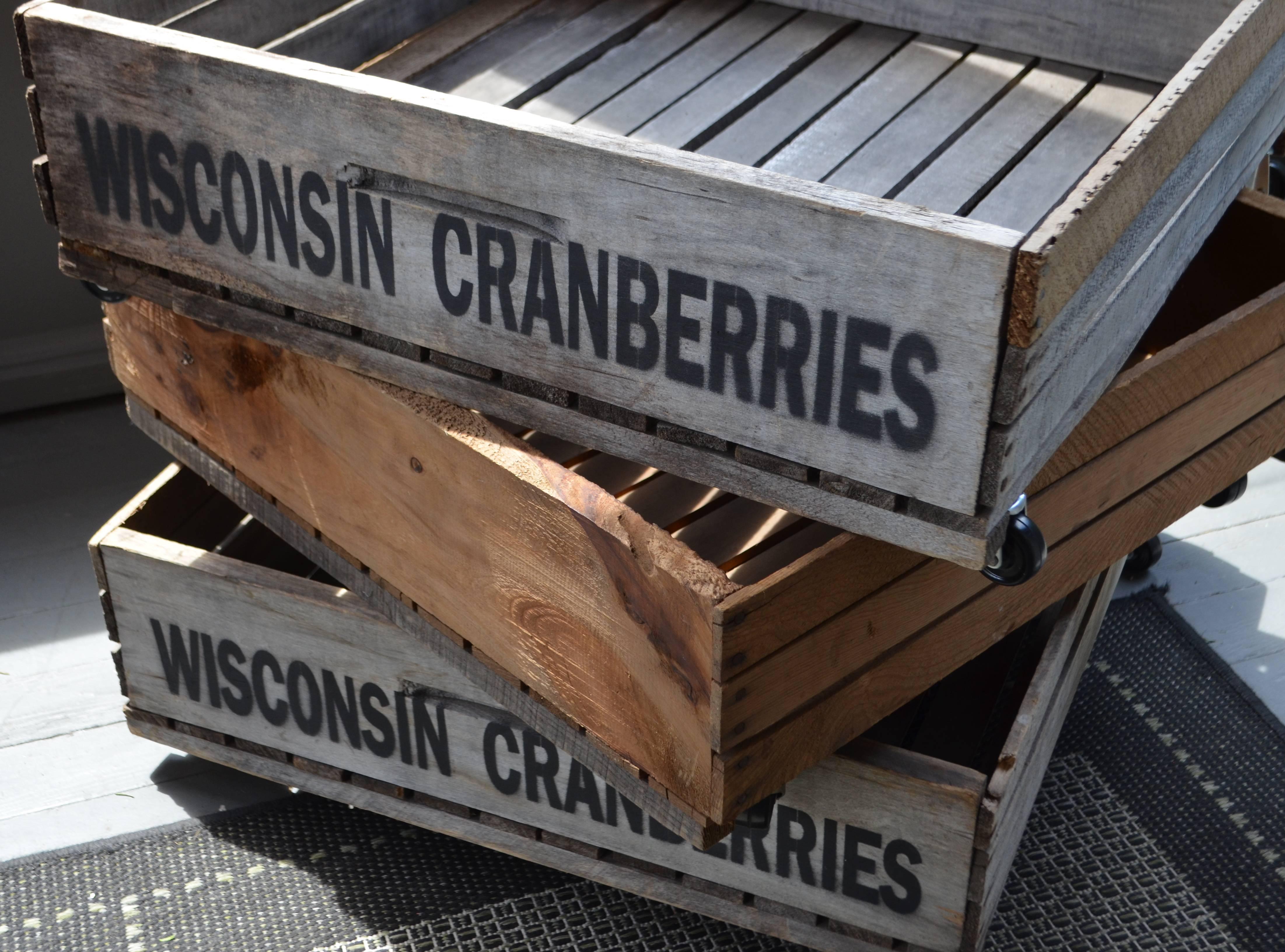 Trio of Wood Wisconsin Cranberry Storage Planter Wheeled Crates For Sale 10