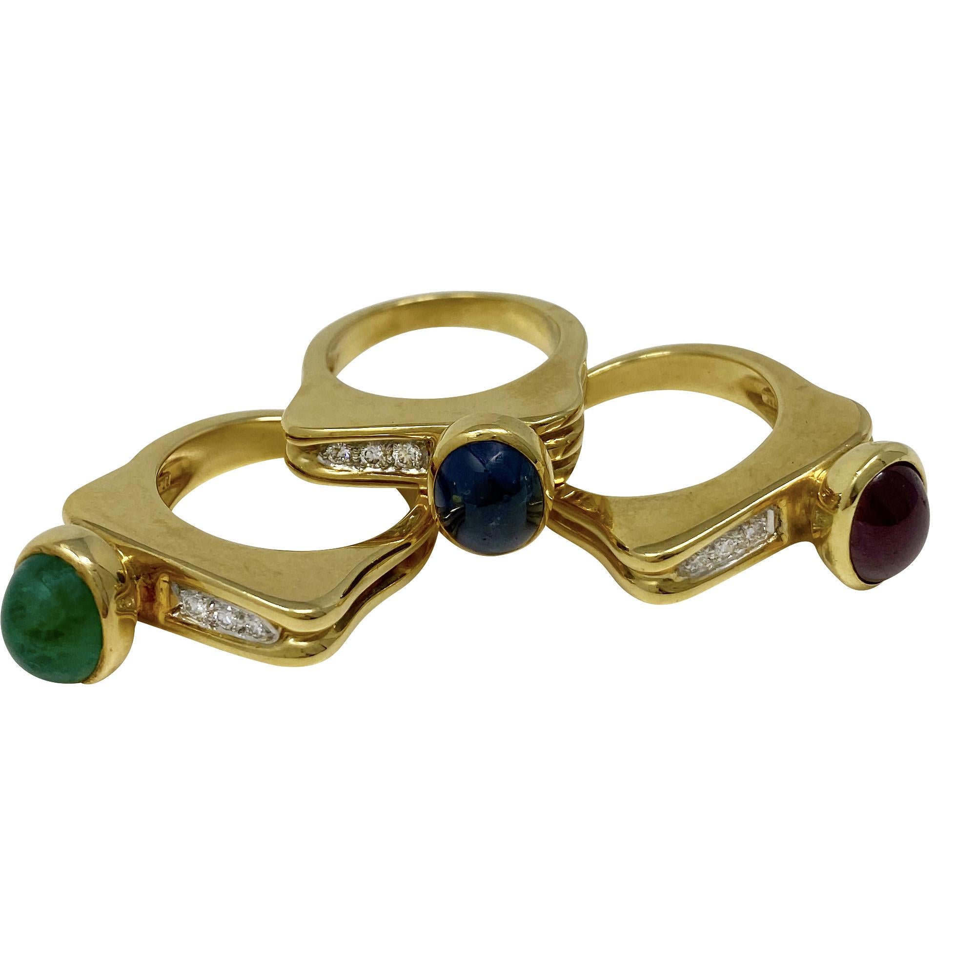 Cabochon Trio of Yellow Gold Ruby Emerald Sapphire Diamond Rings