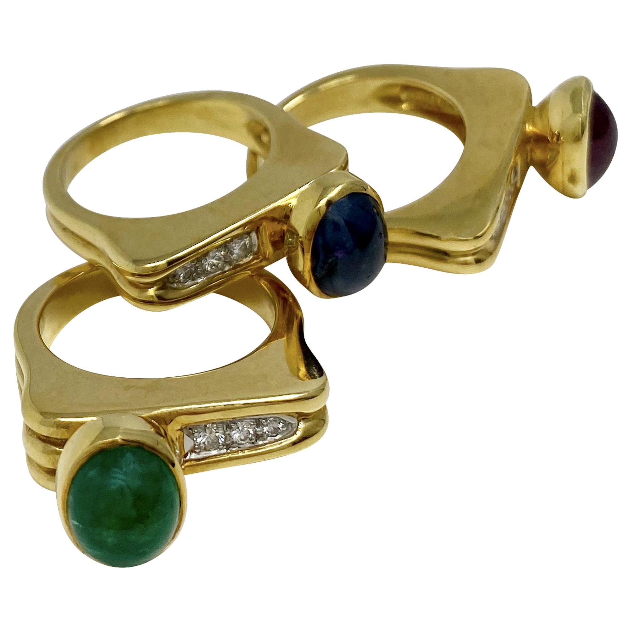 Trio of Yellow Gold Ruby Emerald Sapphire Diamond Rings