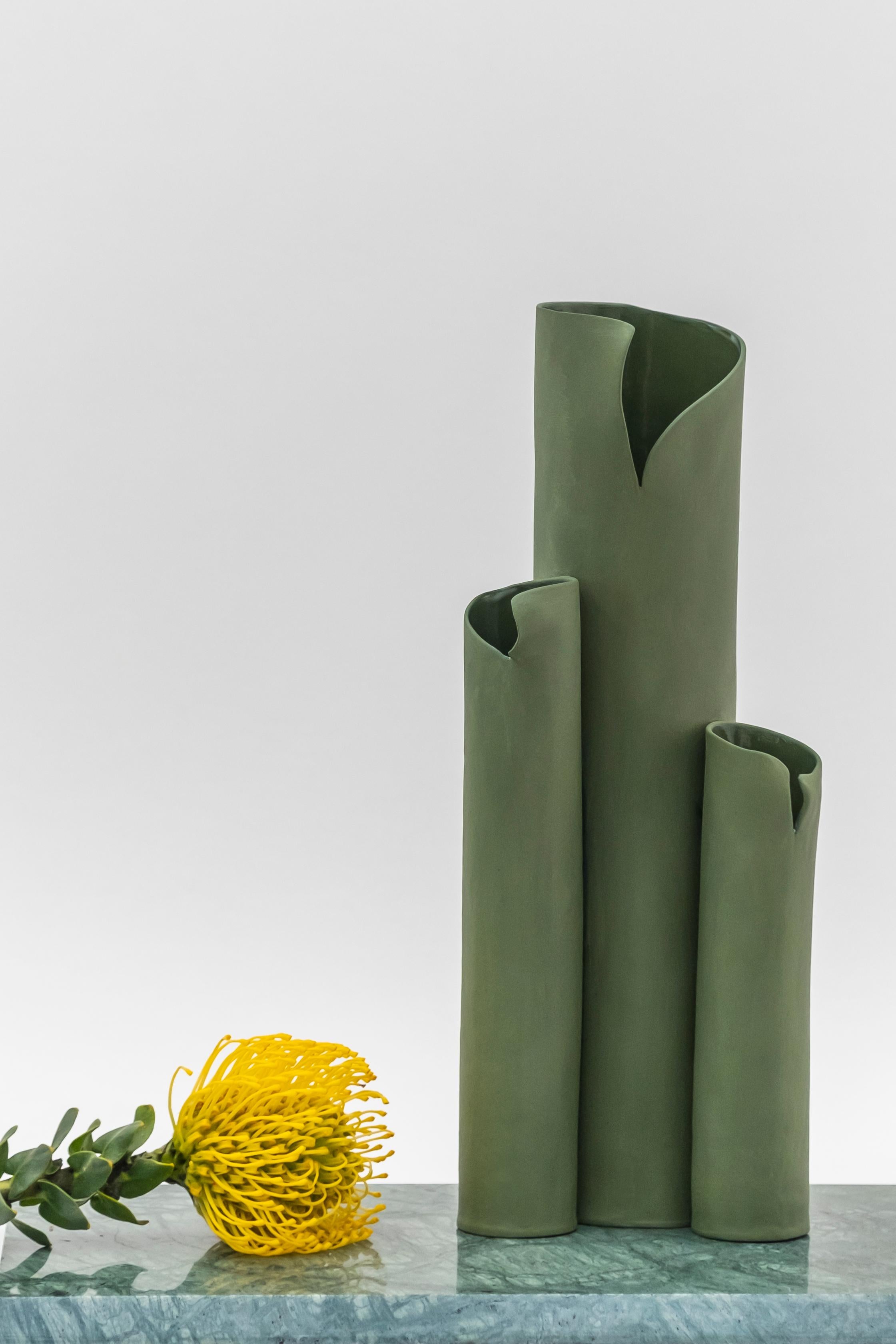 Contemporary Trio Olive Green Vase by Biancodichina For Sale