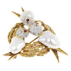 Trio Pearl Diamond Ruby Baroque Pearl Triple Bird Nest 14k Yellow Gold Brooch