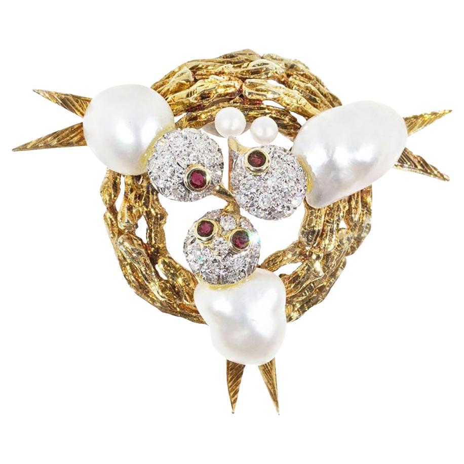 Trio Pearl Diamond Ruby Baroque Pearl Triple Bird Nest 14k Yellow Gold Brooch For Sale