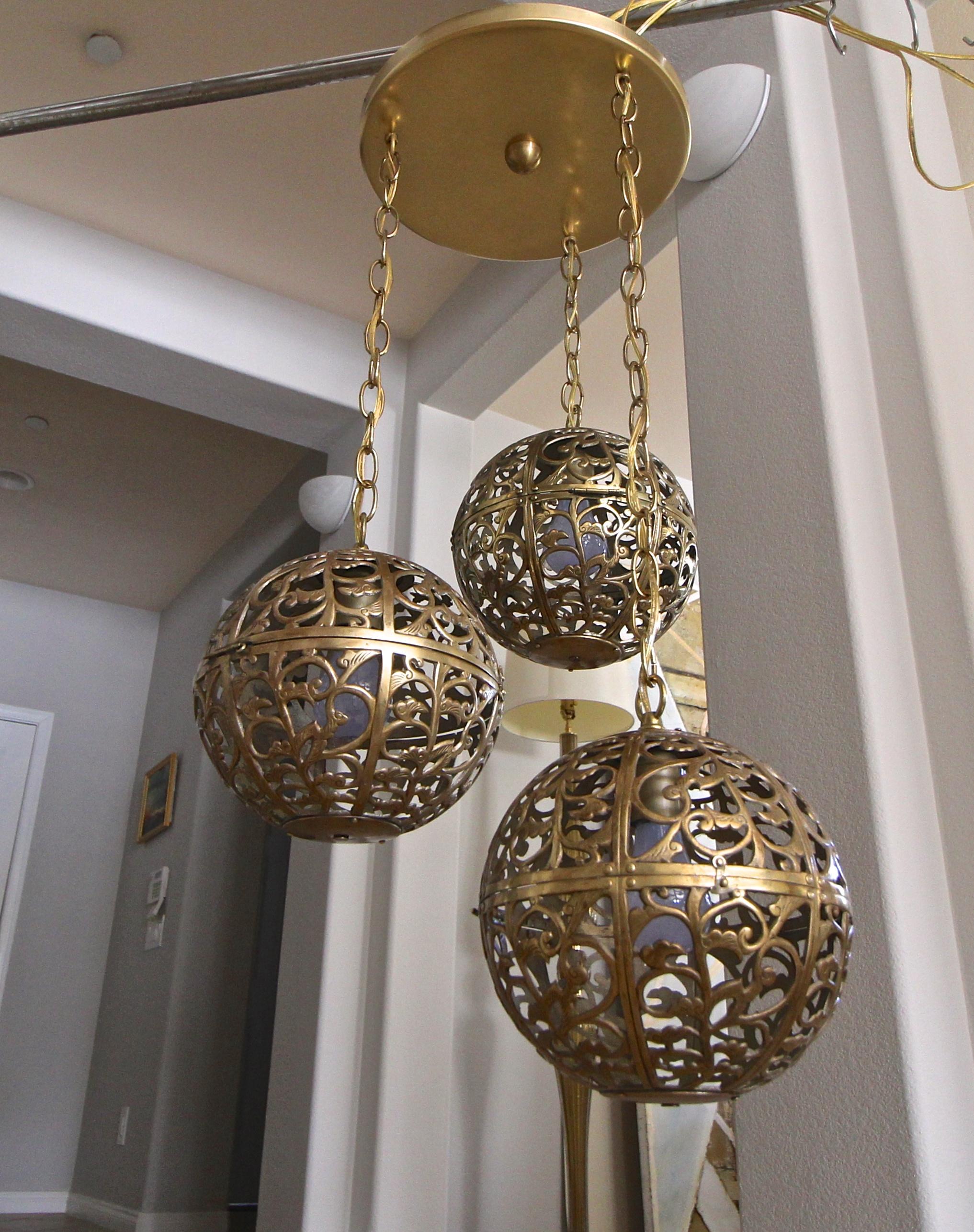 Trio Pierced Brass Asian Ceiling Light Pendant Chandelier 3