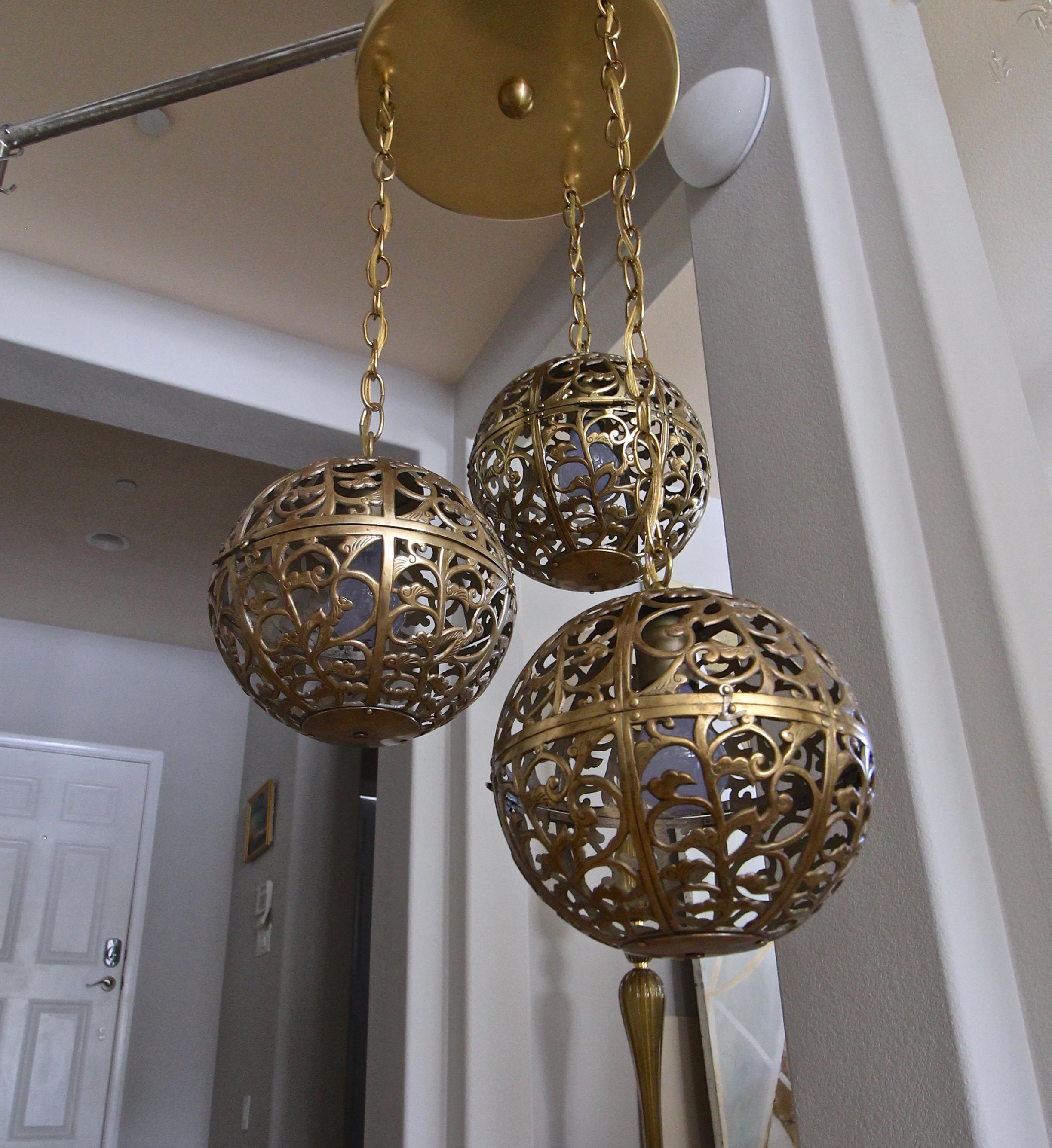 Trio Pierced Brass Asian Ceiling Light Pendant Chandelier 4
