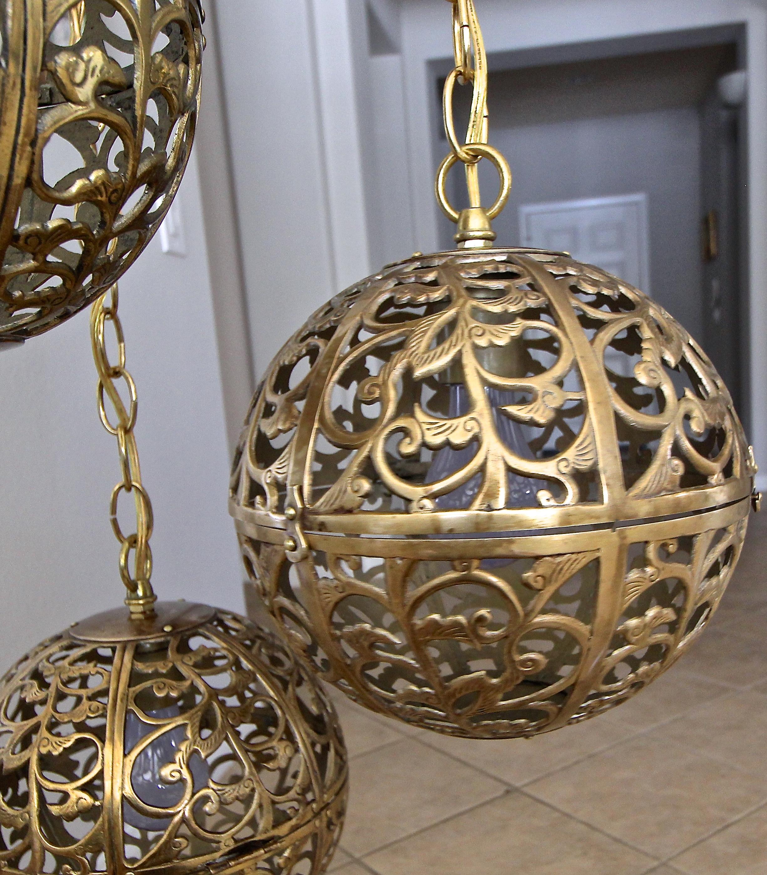Trio Pierced Brass Asian Ceiling Light Pendant Chandelier 10