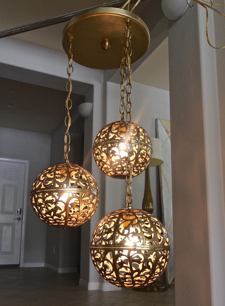Trio Pierced Brass Asian Ceiling Light Pendant Chandelier For Sale at