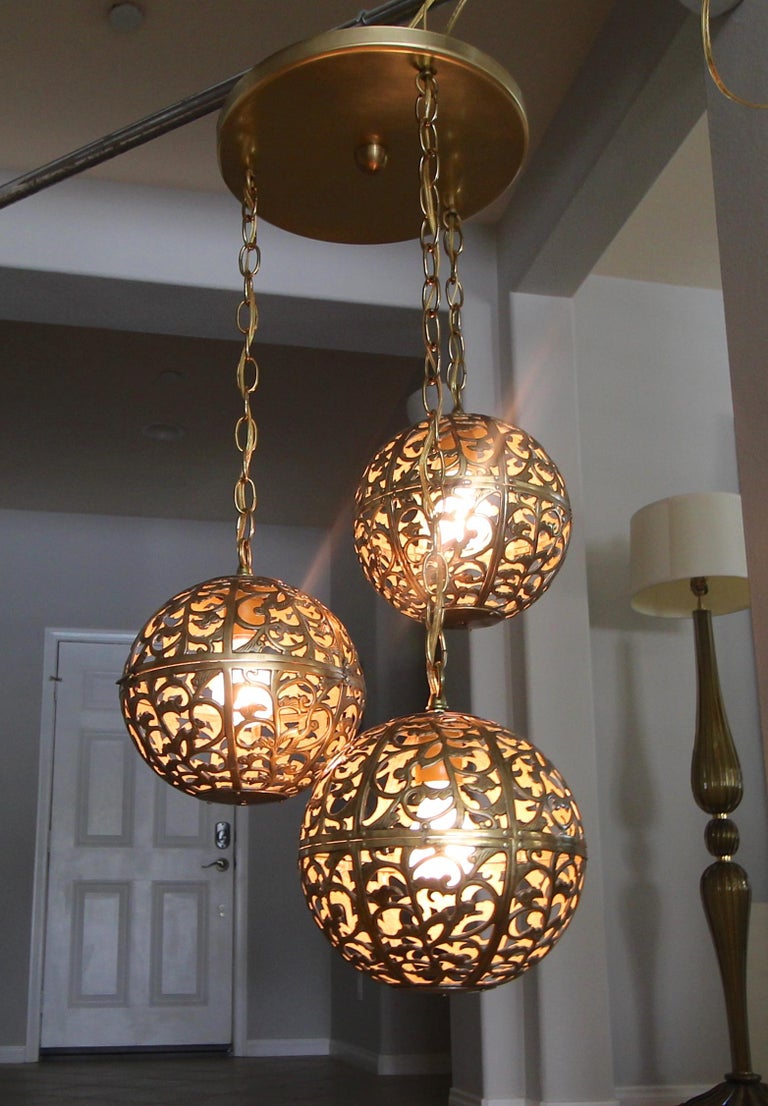 Trio Pierced Brass Asian Ceiling Light Pendant Chandelier For Sale