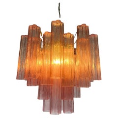 Trio PInk Glass Tube Chandeliers, Murano, 1970s