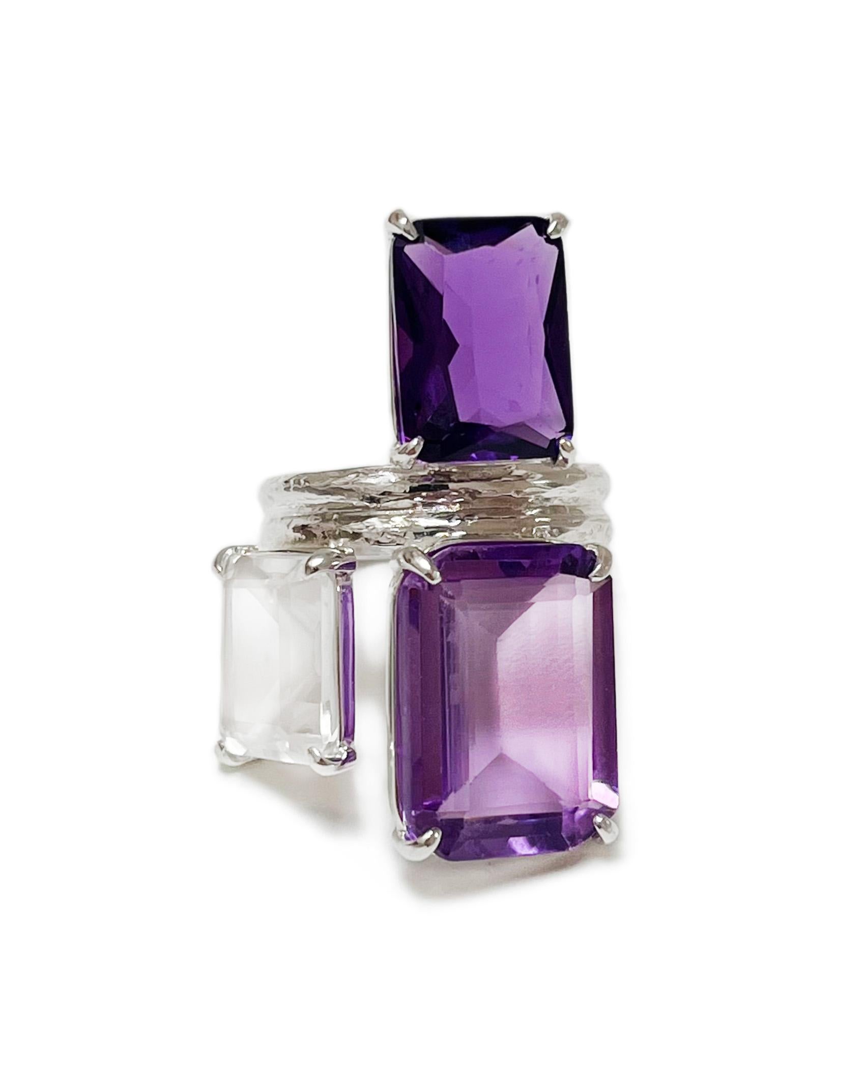 For Sale:  Trio Ring in Amethyst, White Topaz and Sterling Silver 6