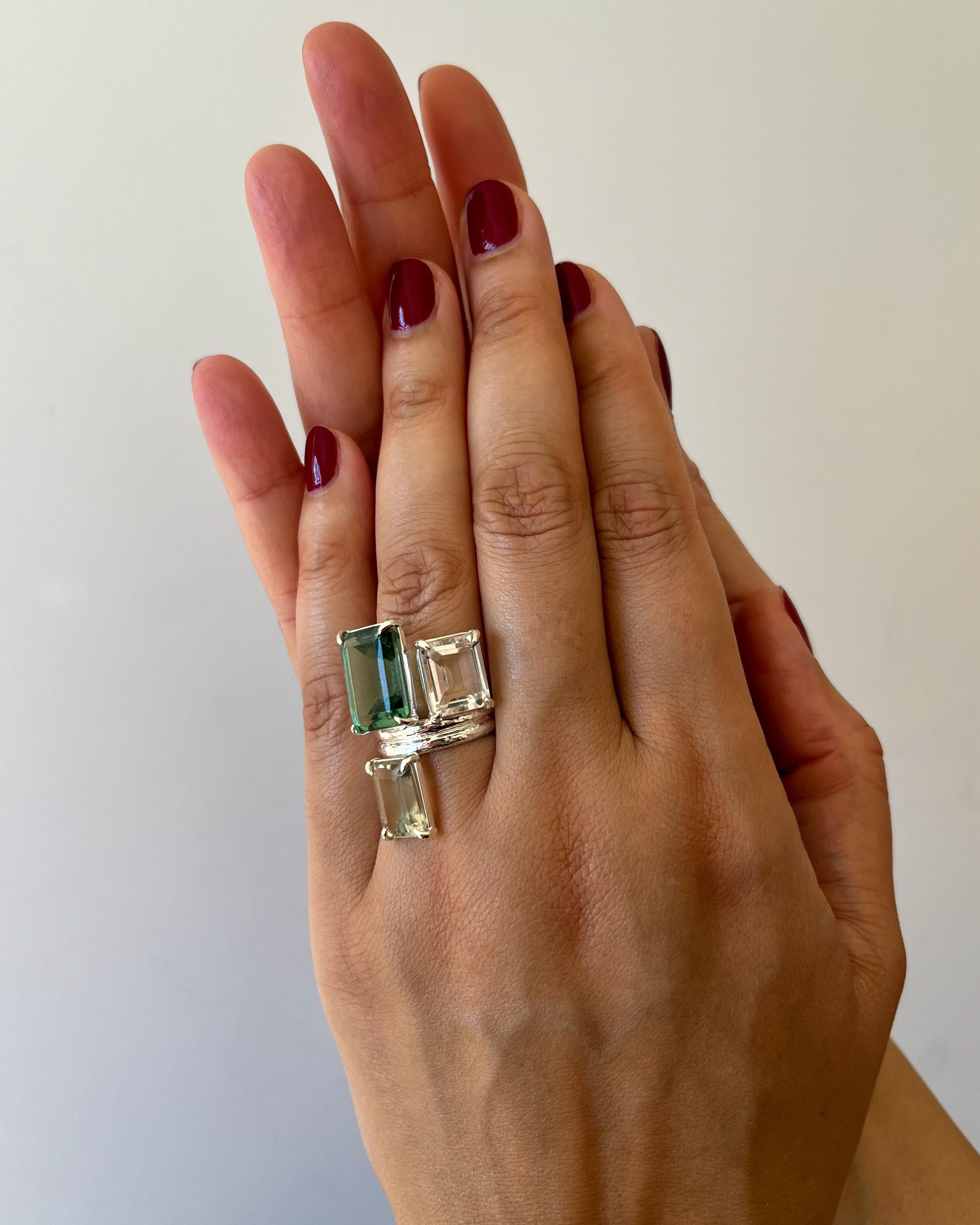 For Sale:  Trio Ring in Green Quartz, Prasiolite, White Topaz and Sterling Silver 2