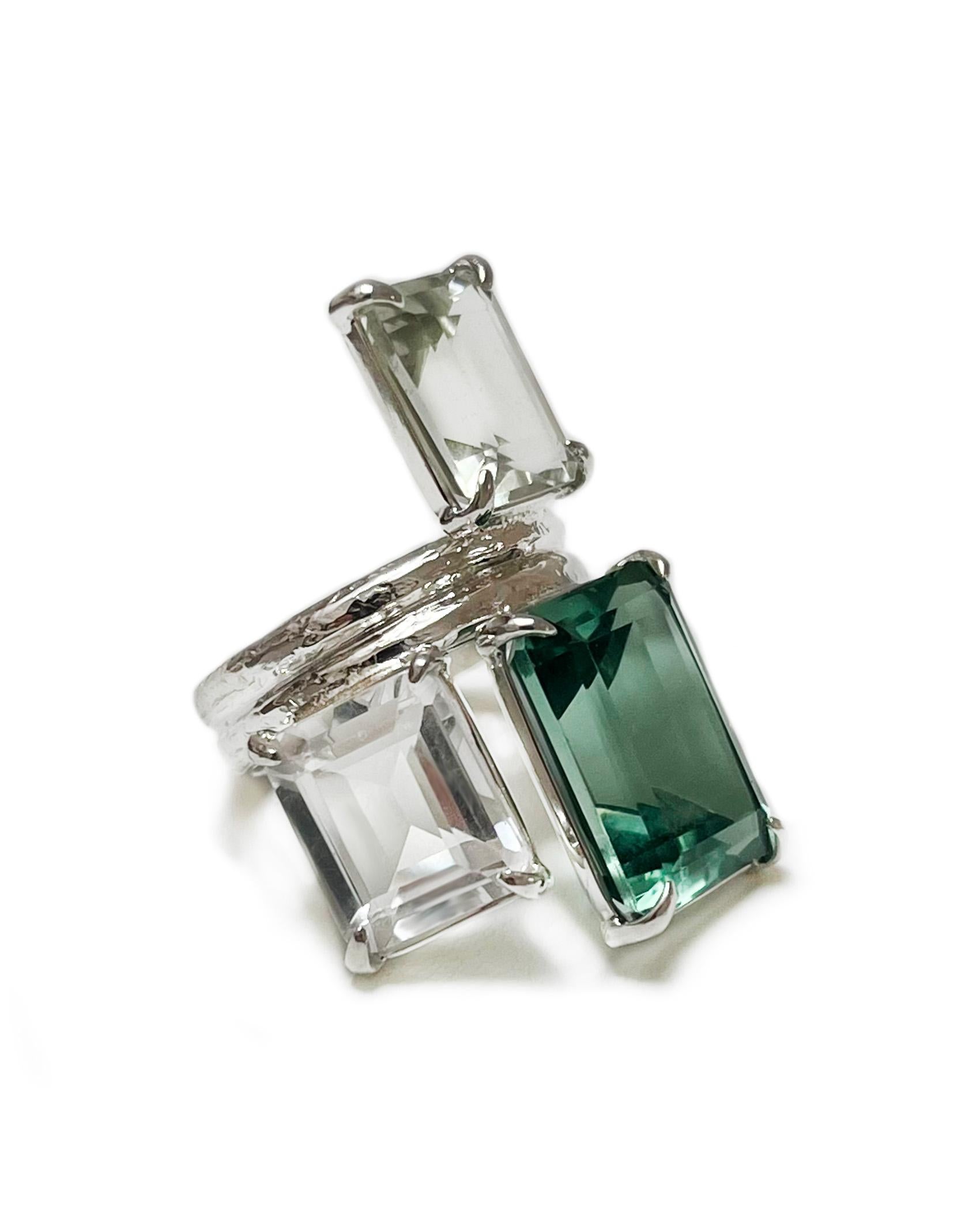 For Sale:  Trio Ring in Green Quartz, Prasiolite, White Topaz and Sterling Silver 3
