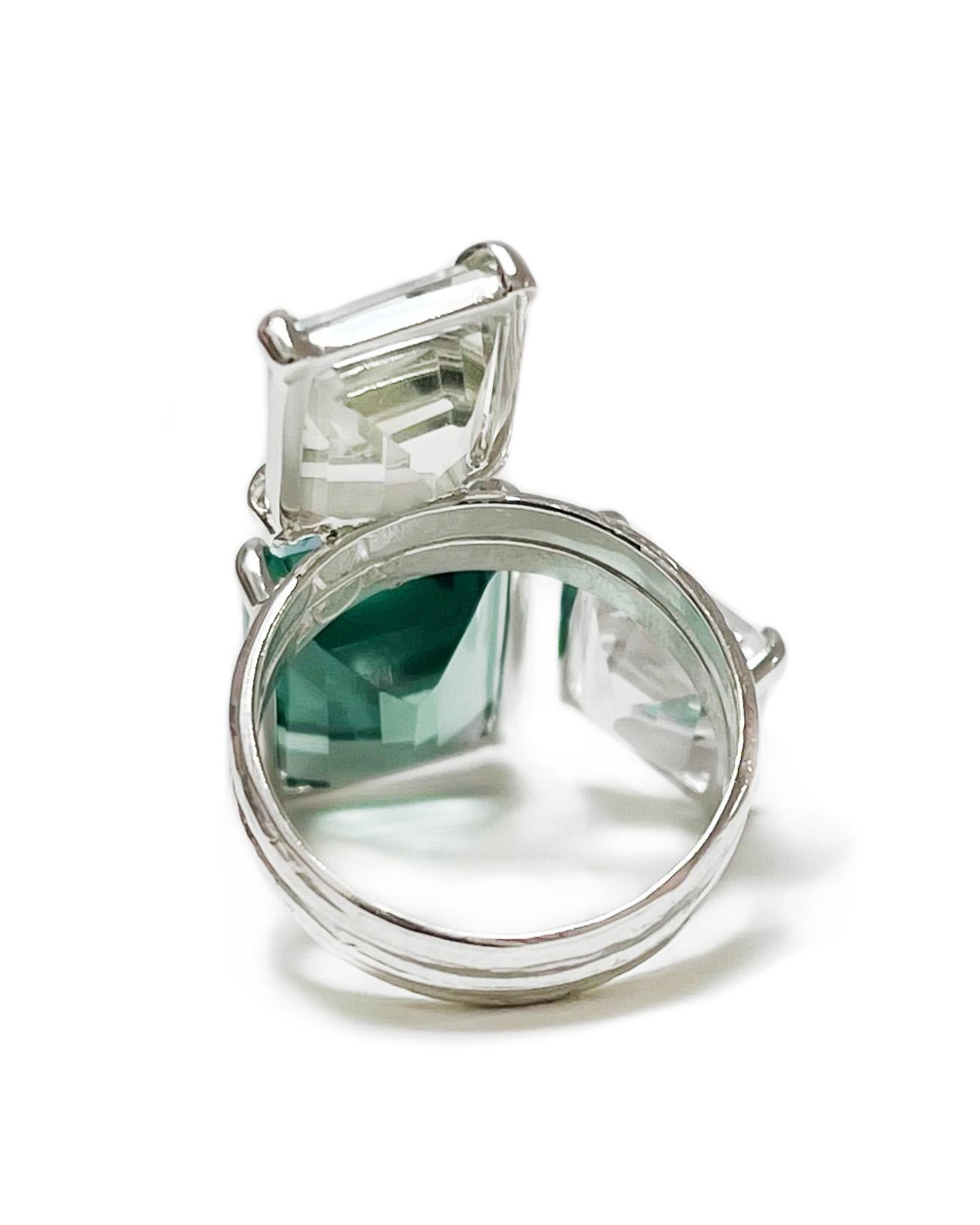 For Sale:  Trio Ring in Green Quartz, Prasiolite, White Topaz and Sterling Silver 5