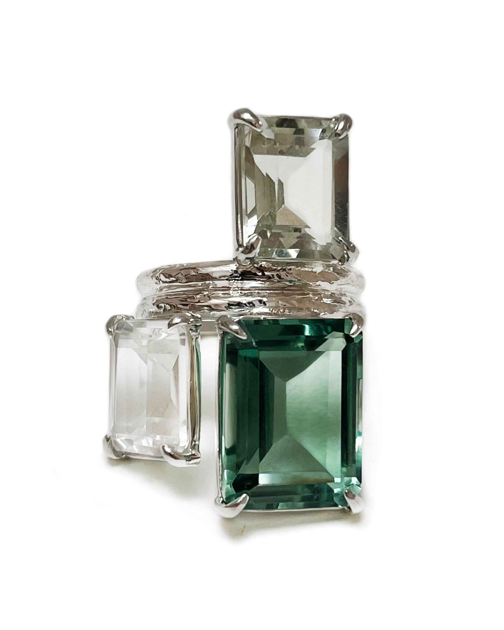 For Sale:  Trio Ring in Green Quartz, Prasiolite, White Topaz and Sterling Silver 6